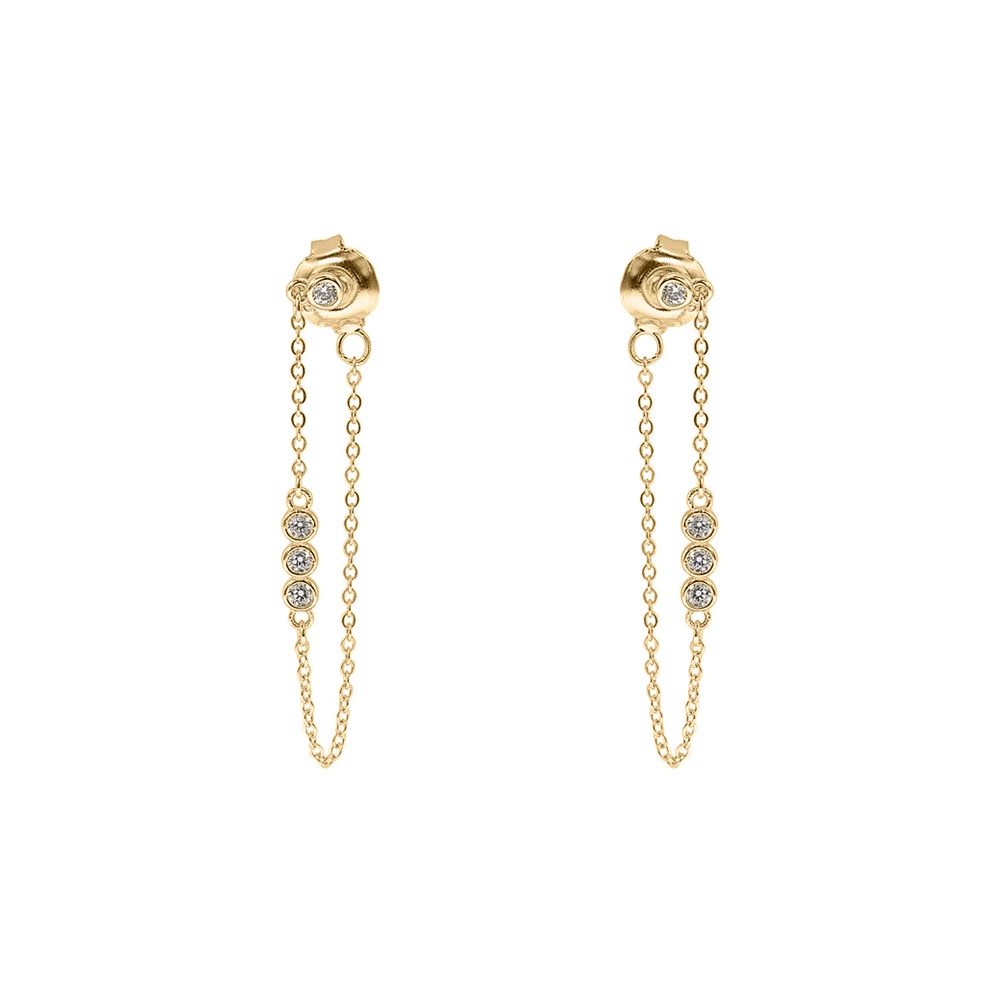 Ladies 9ct Gold  CZ Trilogy Shoulder Duster Chain Drop Earrings - JER827