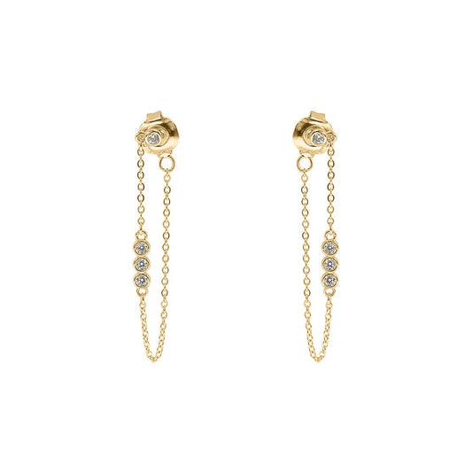 Ladies 9ct Gold  CZ Trilogy Shoulder Duster Chain Drop Earrings - JER827