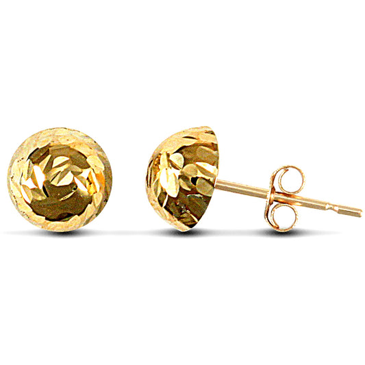 Ladies 9ct Gold  Diamond Cut Half Ball Stud Earrings, 7mm - JES084