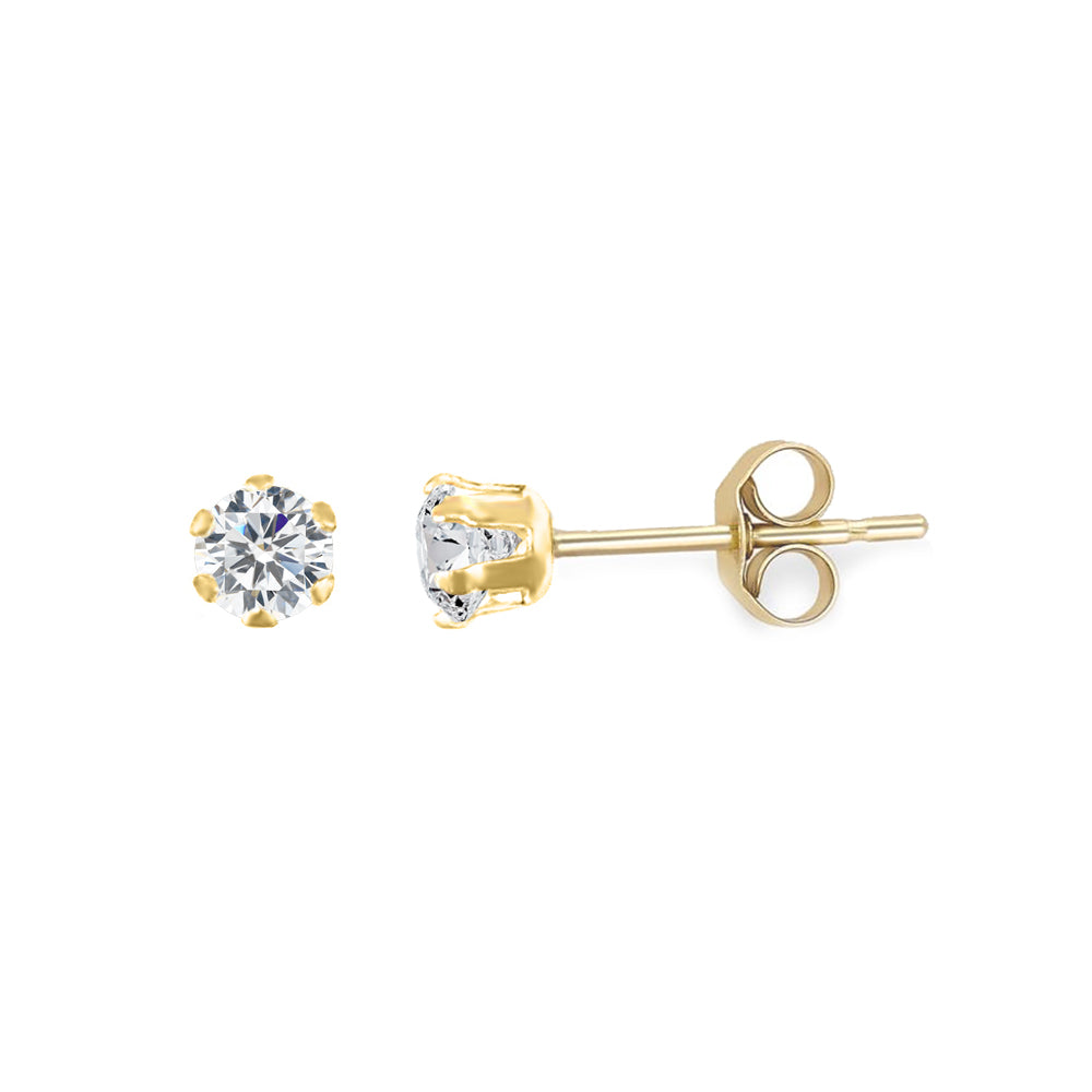 9ct Gold  CZ 6 Claw Solitaire Stud Earrings, 3mm - JES097