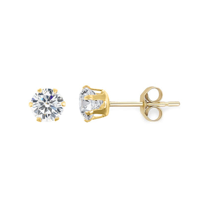 9ct Gold  CZ 6 Claw Solitaire Stud Earrings, 4mm - JES098
