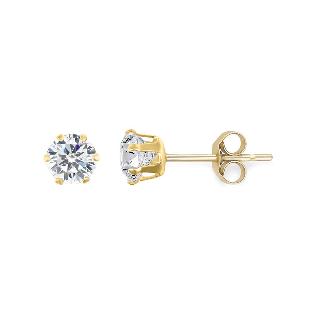 9ct Gold  CZ 6 Claw Solitaire Stud Earrings, 4mm ½ Carat - JES098