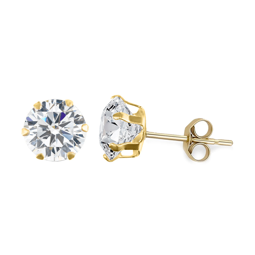 9ct Gold  CZ 6 Claw Solitaire Stud Earrings, 6mm 1¾ Carats - JES100