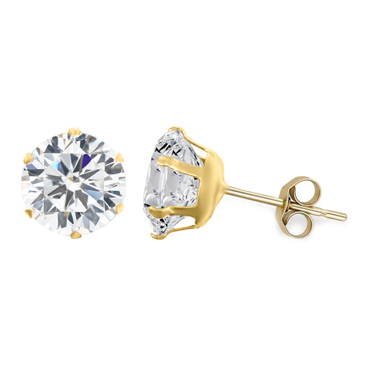 9ct Gold  CZ 6 Claw Solitaire Stud Earrings, 7mm - JES101