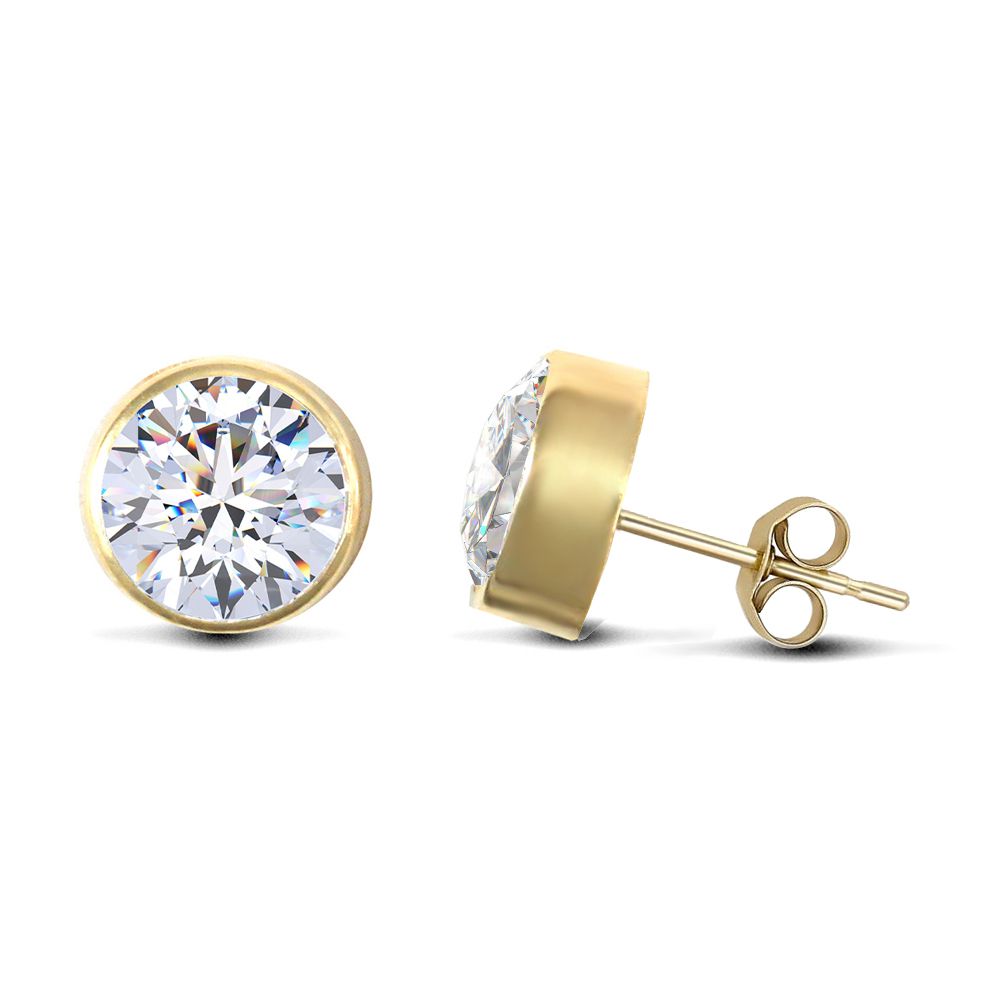 9ct Gold  CZ Rub Over Solitaire Stud Earrings, 6mm 1.70 Carats - JES105