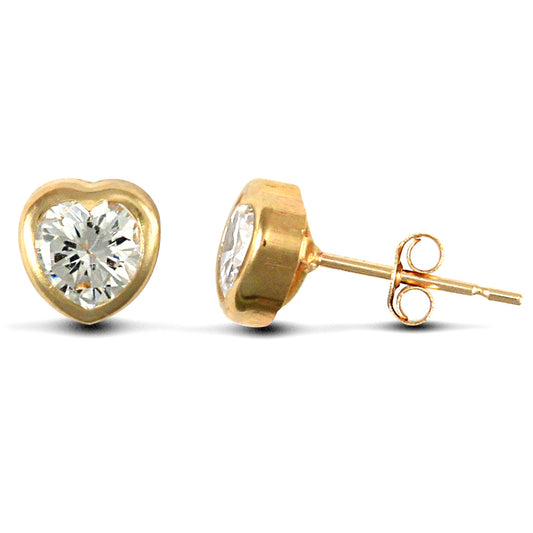 9ct Gold  CZ Rub Over Solitaire Love Stud Earrings - JES107