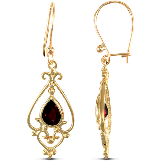 9ct Gold  Red Garnet Tears of Joy Chandelier Drop Earrings - JES119