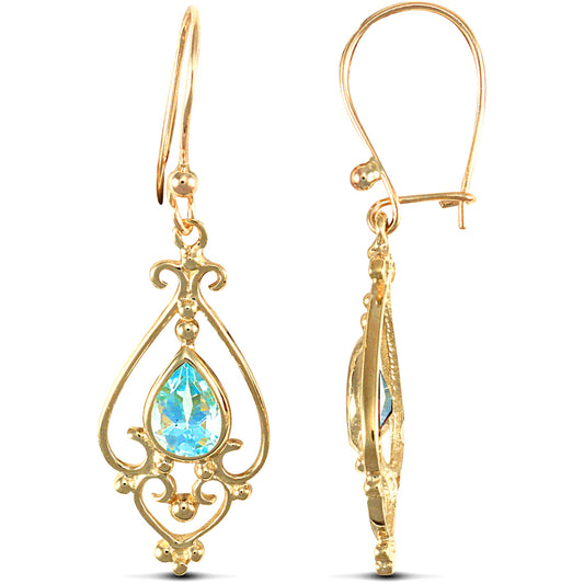 9ct Gold  Light Blue Topaz Tears of Joy Chandelier Drop Earrings - JES120