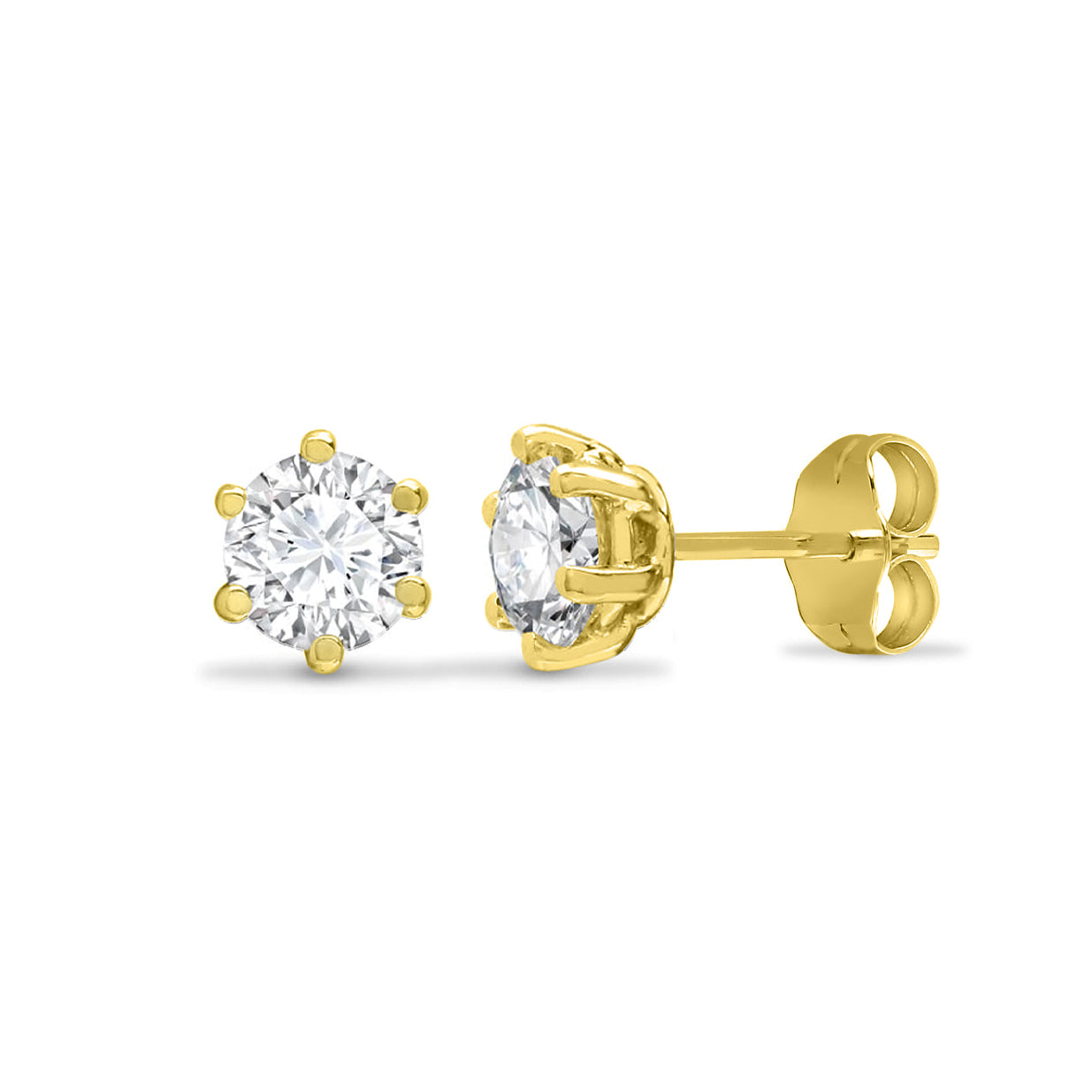 9ct Gold  CZ 6 Claw Solitaire Stud Earrings, 4mm 0.50CTS - JES126