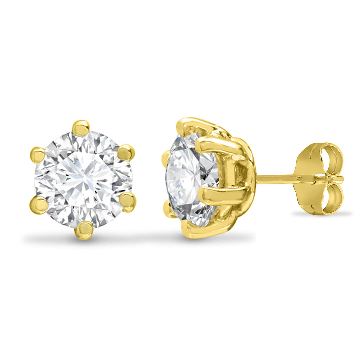 9ct Gold  CZ 6 Claw Solitaire Stud Earrings, 6mm - JES128