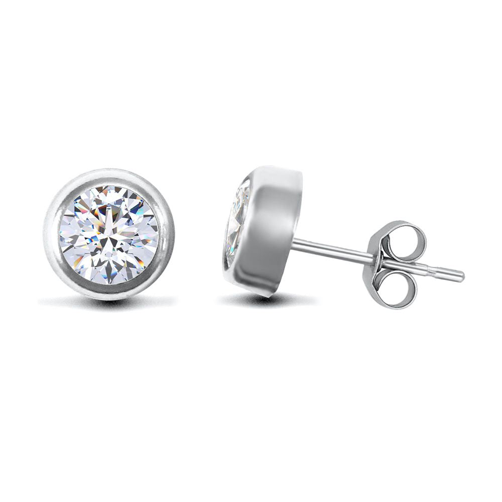 9ct White Gold  CZ Rub Over Solitaire Stud Earrings, 5mm 1 Carat - JES159