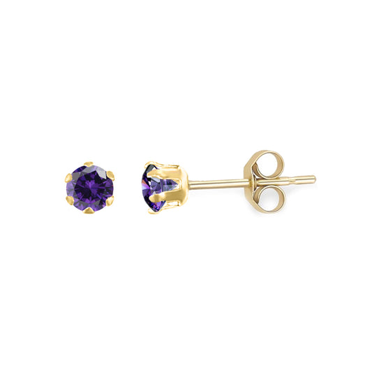 9ct Gold  Purple CZ Solitaire Claw Set Stud Earrings, 3mm - JES164