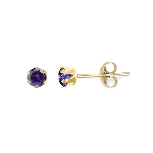 9ct Gold  Purple CZ Solitaire Claw Set Stud Earrings, 3mm ⅕ Carat - JES164