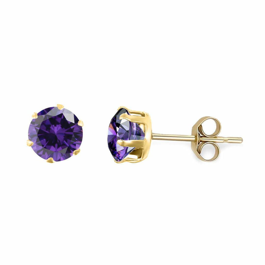 9ct Gold  Purple CZ Solitaire Claw Set Stud Earrings, 5mm 1 Carat - JES165