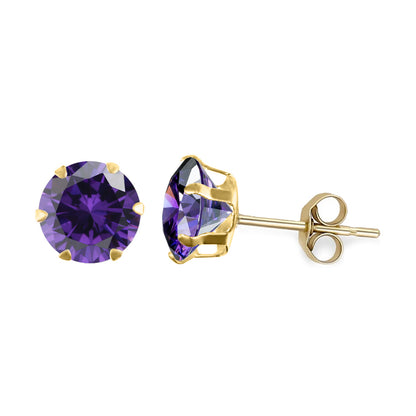 9ct Gold  Purple CZ Solitaire Claw Set Stud Earrings, 6mm - JES166