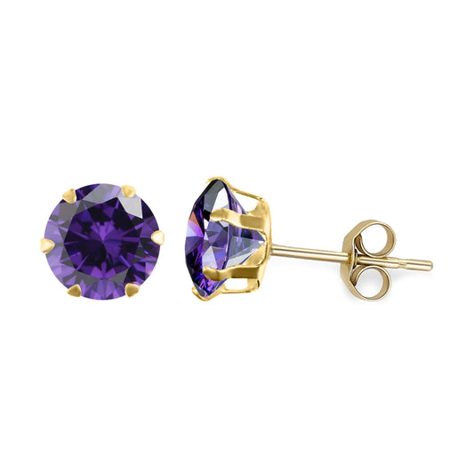 9ct Gold  Purple CZ Solitaire Claw Set Stud Earrings, 6mm - JES166