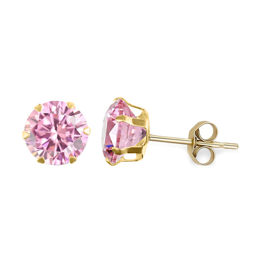 9ct Gold  Pink CZ Solitaire Claw Set Stud Earrings, 6mm - JES169