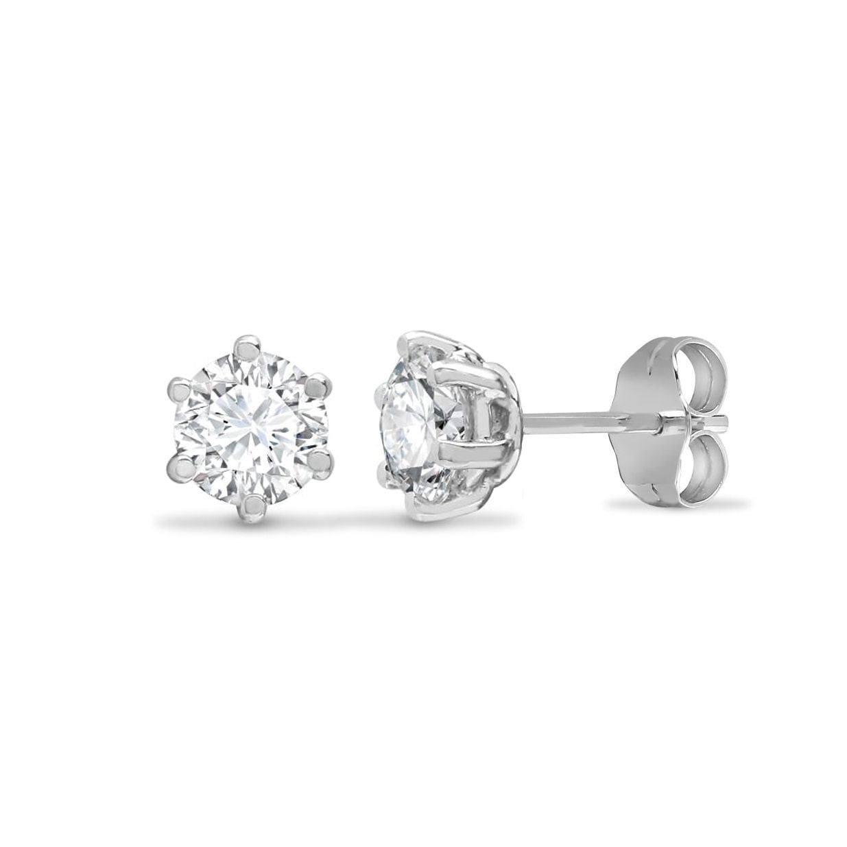 9ct White Gold  CZ 6 Claw Solitaire Stud Earrings, 4mm 0.50CTS - JES176