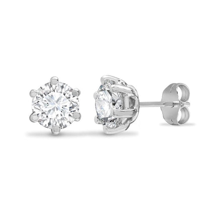 9ct White Gold  CZ 6 Claw Solitaire Stud Earrings, 5mm 1 Carat - JES177
