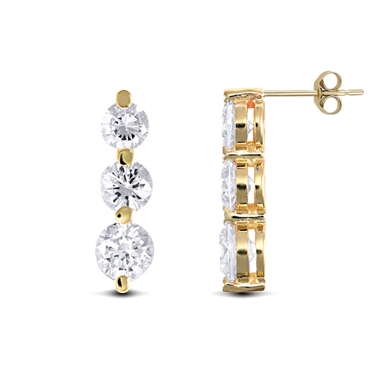 9ct Gold  CZ 3 Stone Trilogy Stud Drop Earrings, 4-5mm - JES191