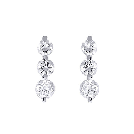 9ct White Gold CZ 3 Stone Trilogy Stud Drop Earrings, 4-5mm - JES192