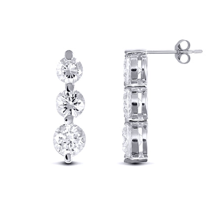 9ct White Gold  CZ 3 Stone Trilogy Stud Drop Earrings, 4-5mm - JES192