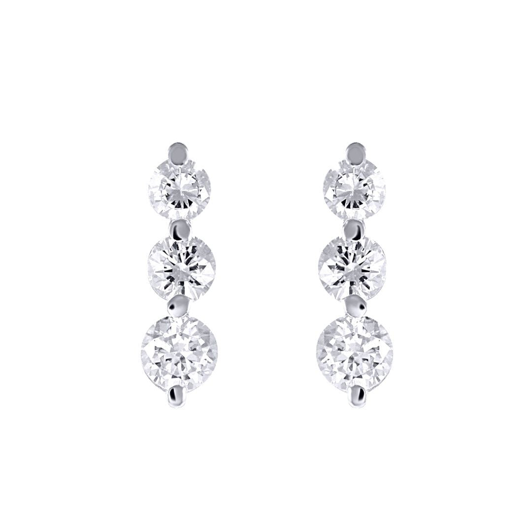 9ct White Gold  CZ 3 Stone Trilogy Stud Drop Earrings, 4-5mm - JES192
