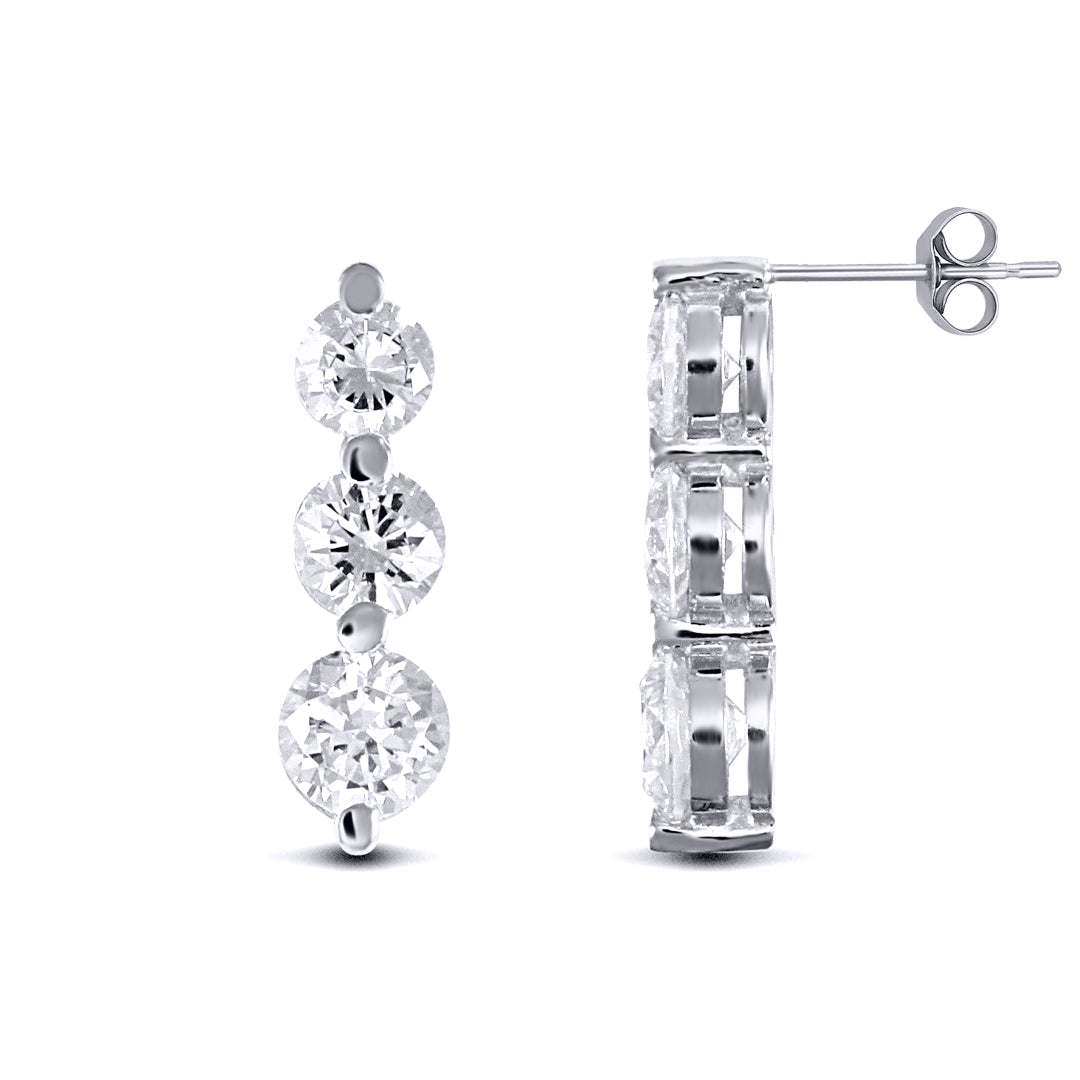 9ct White Gold  CZ 3 Stone Trilogy Stud Drop Earrings, 4-5mm - JES192