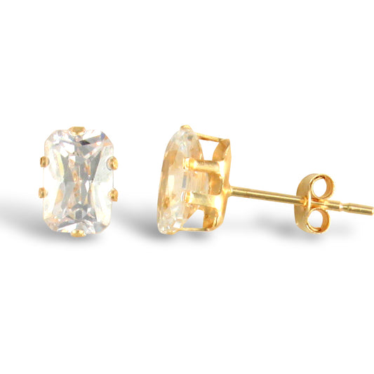 9ct Gold  CZ Claw Set Emerald Cut Solitaire Stud Earrings, 6x4mm - JES198