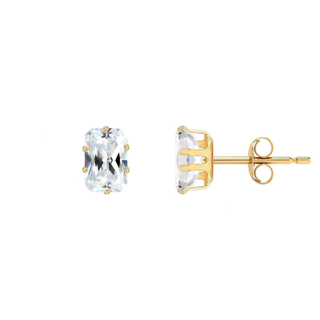 9ct Gold  CZ Claw Set Emerald Cut Stud Earrings, 6x4mm 1 Carat - JES198