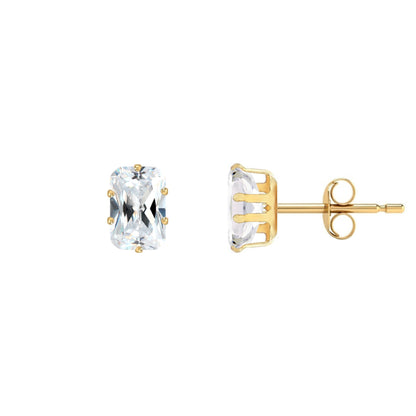 9ct Gold  CZ Claw Set Emerald Cut Stud Earrings, 6x4mm 1 Carat - JES198