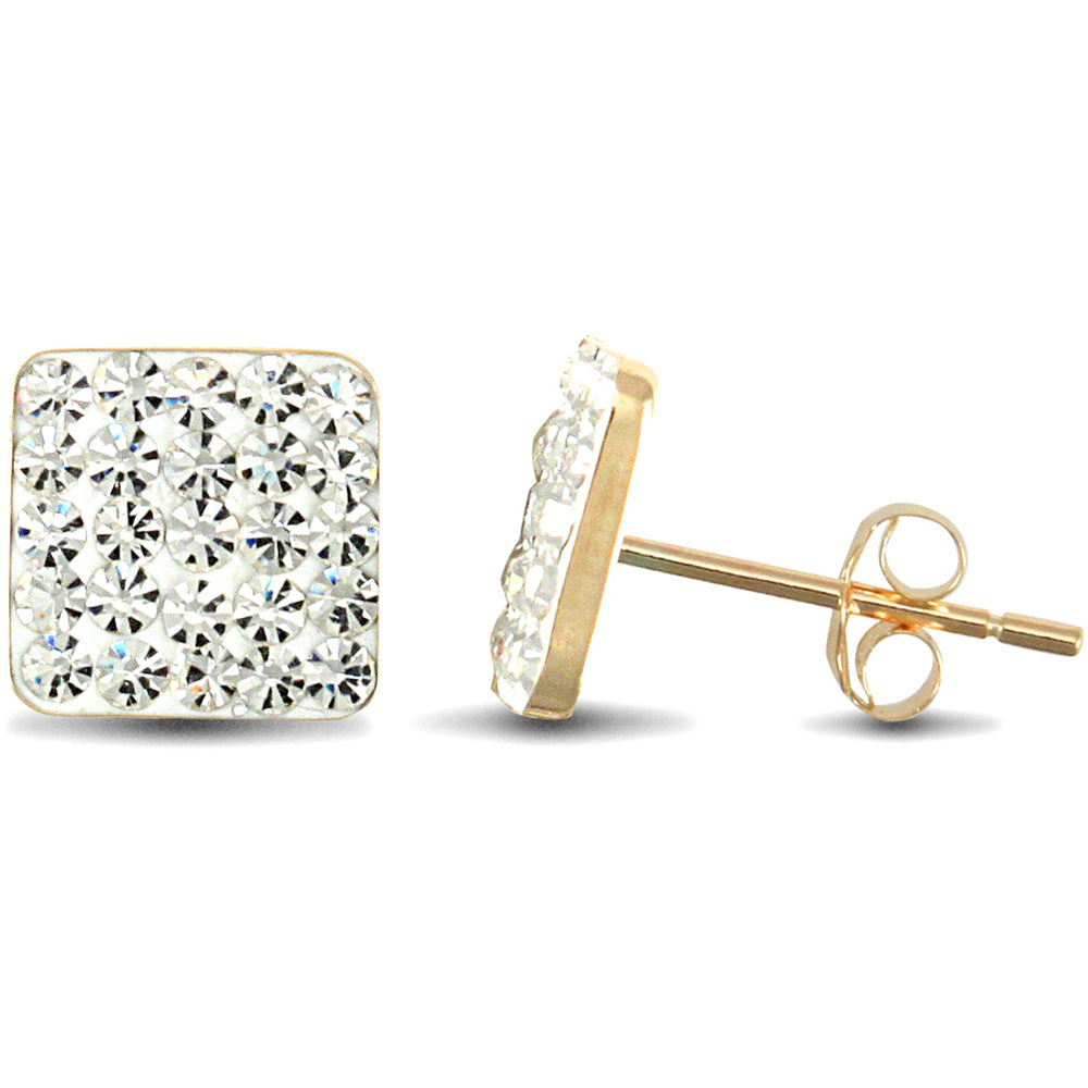 9ct Gold  Crystal Disco Square Stud Earrings - JES218
