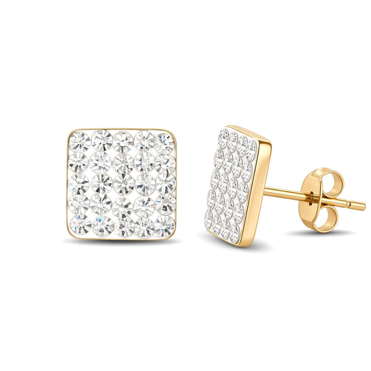 9ct Gold  Crystal Disco Square Stud Earrings - JES218