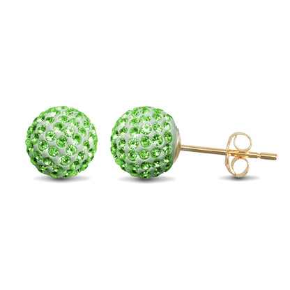 9ct Gold  Crystal Disco Ball Stud Earrings Peridot Green 8mm - JES225
