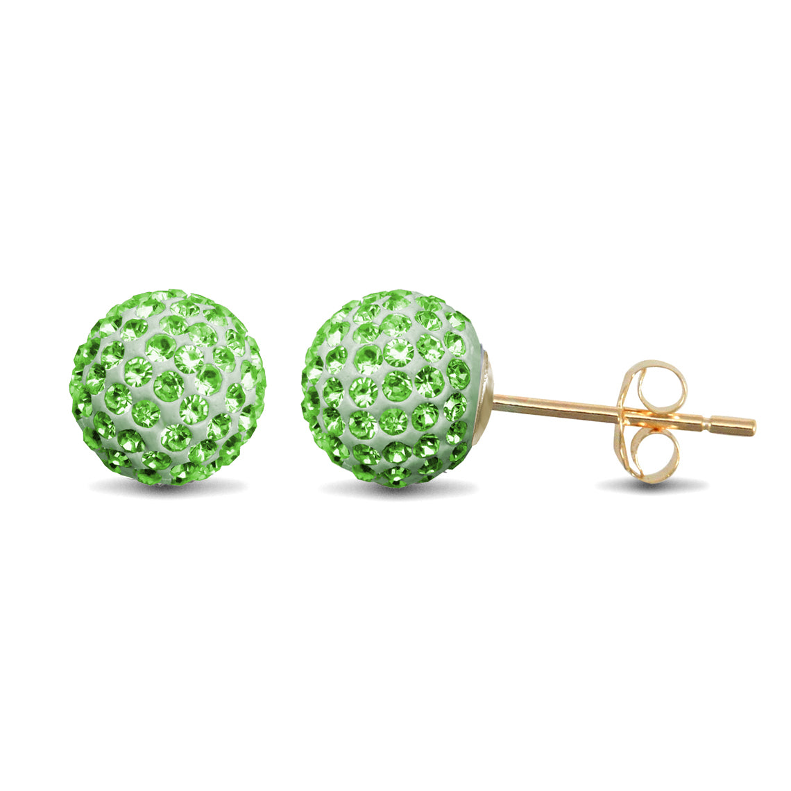 9ct Gold  Crystal Disco Ball Stud Earrings Peridot Green 8mm - JES225