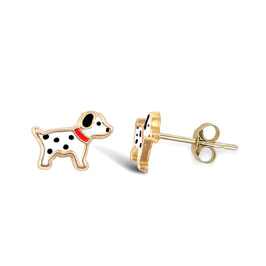 Ladies 9ct Gold  Enamel Dalmatian Dog Stud Earrings - JES249