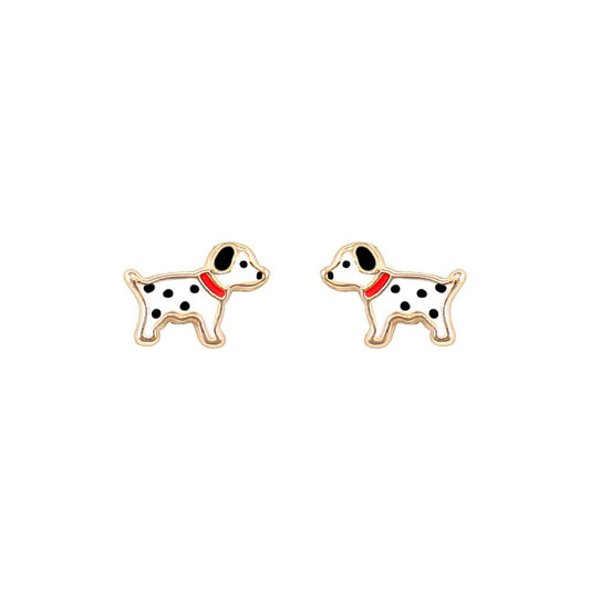 Ladies 9ct Gold  Enamel Dalmatian Dog Stud Earrings - JES249