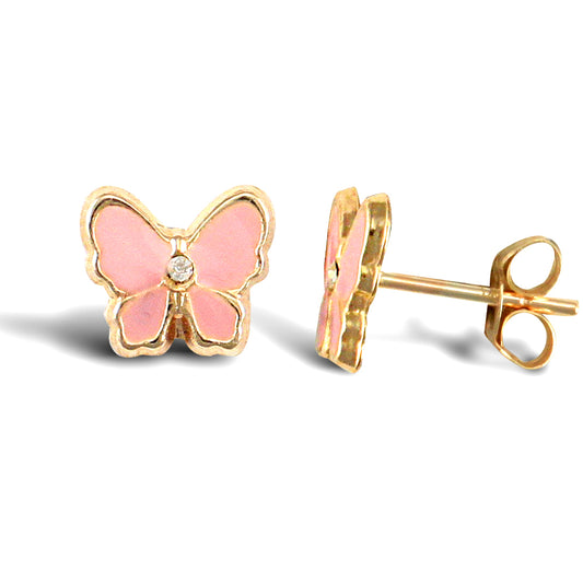 Ladies 9ct Gold  Pink Enamel Butterfly Stud Earrings - JES252