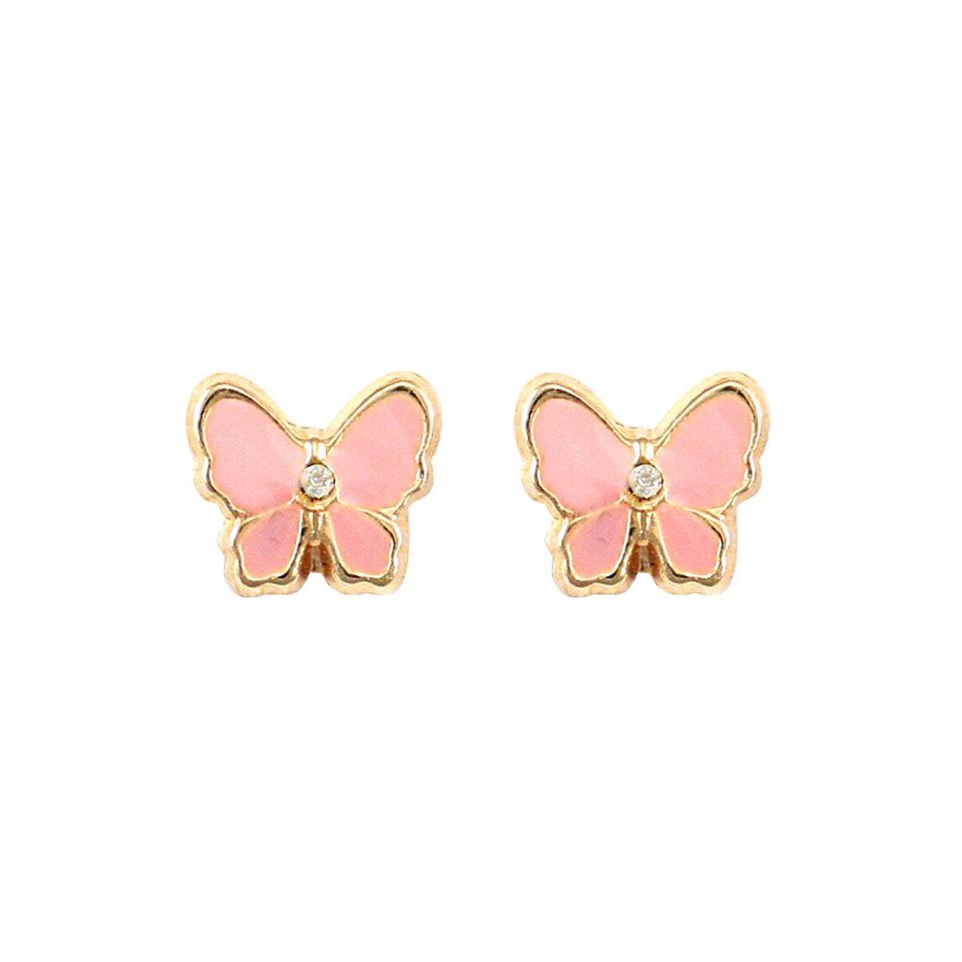 Ladies 9ct Gold  Pink Enamel Butterfly Stud Earrings - JES252