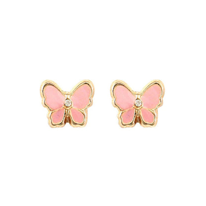 Ladies 9ct Gold  Pink Enamel Butterfly Stud Earrings - JES252