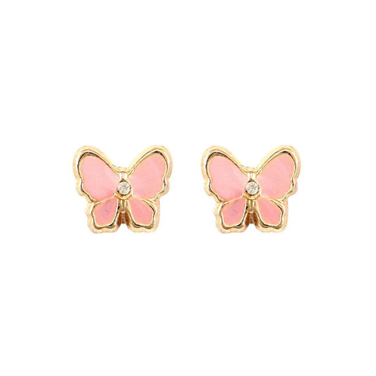Ladies 9ct Gold  Pink Enamel Butterfly Stud Earrings - JES252