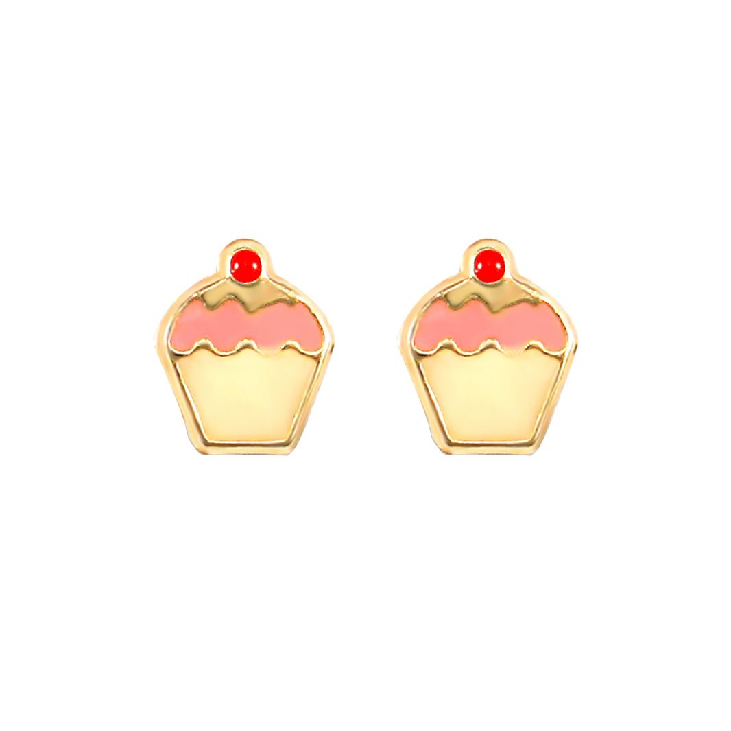 9ct Gold  Enamel Frosting Cherry Cupcake Muffin Stud Earrings - JES258