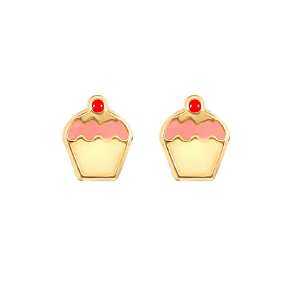 9ct Gold  Enamel Frosting Cherry Cupcake Muffin Stud Earrings - JES258