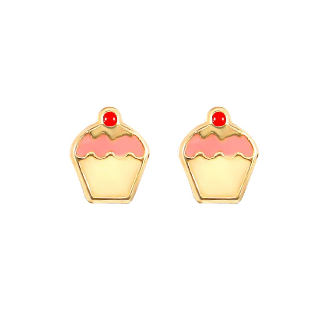 9ct Gold  Enamel Frosting Cherry Cupcake Muffin Stud Earrings - JES258