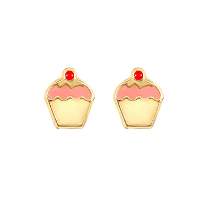 9ct Gold  Enamel Frosting Cherry Cupcake Muffin Stud Earrings - JES258