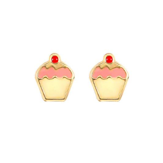 9ct Gold  Enamel Frosting Cherry Cupcake Muffin Stud Earrings - JES258