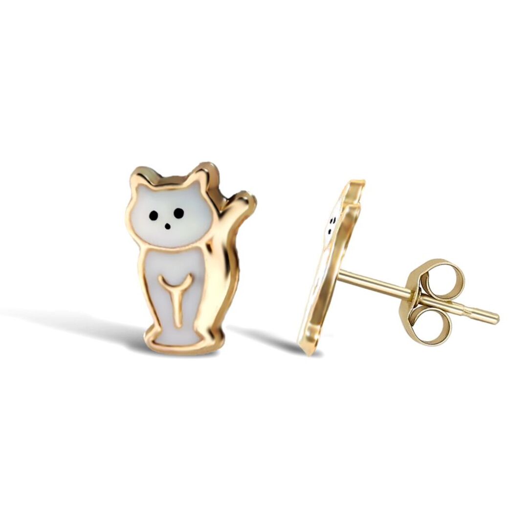 Ladies 9ct Gold  Enamel Cat Kitten Stud Earrings - JES272