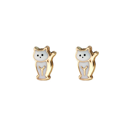Ladies 9ct Gold  Enamel Cat Kitten Stud Earrings - JES272