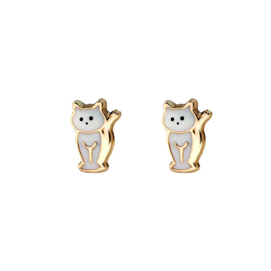 Ladies 9ct Gold  Enamel Cat Kitten Stud Earrings - JES272