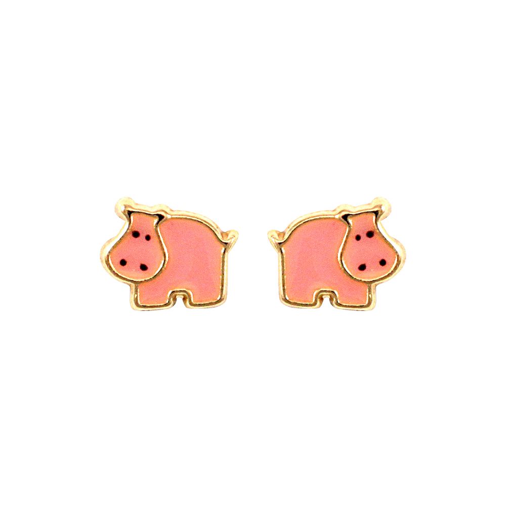 Ladies 9ct Gold  Pink Enamel Hippo Stud Earrings - JES274